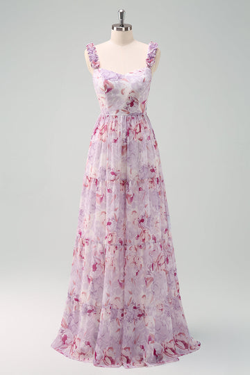 A-Line Grey Purple Spaghetti Straps Floral Long Bridesmaid Dress